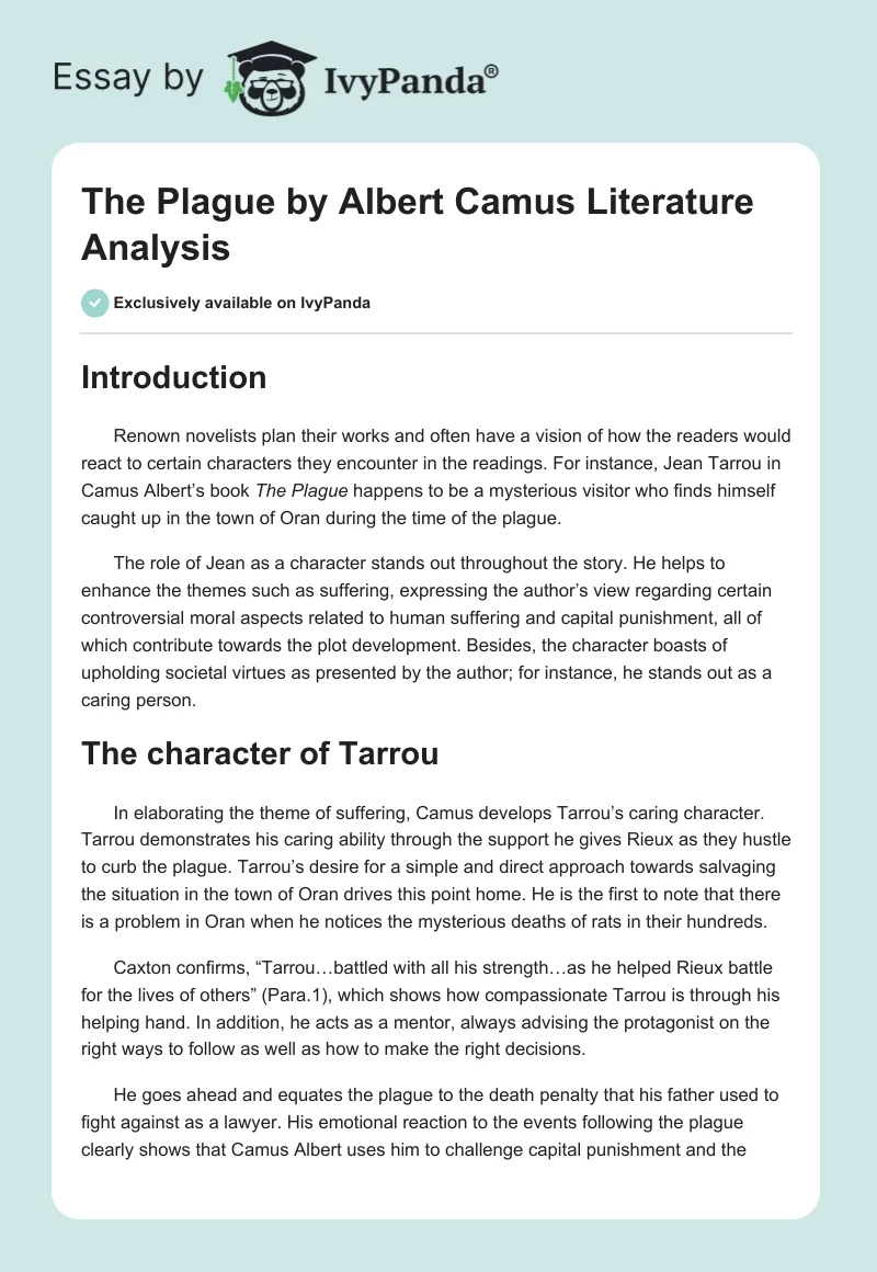 "The Plague" by Albert Camus Literature Analysis. Page 1