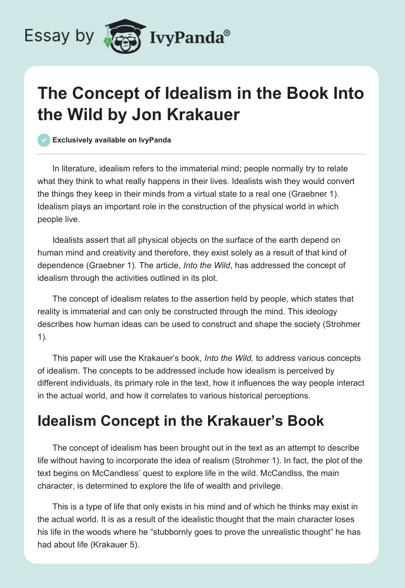 The Concept of Idealism in the Book Into the Wild by Jon Krakauer. Page 1
