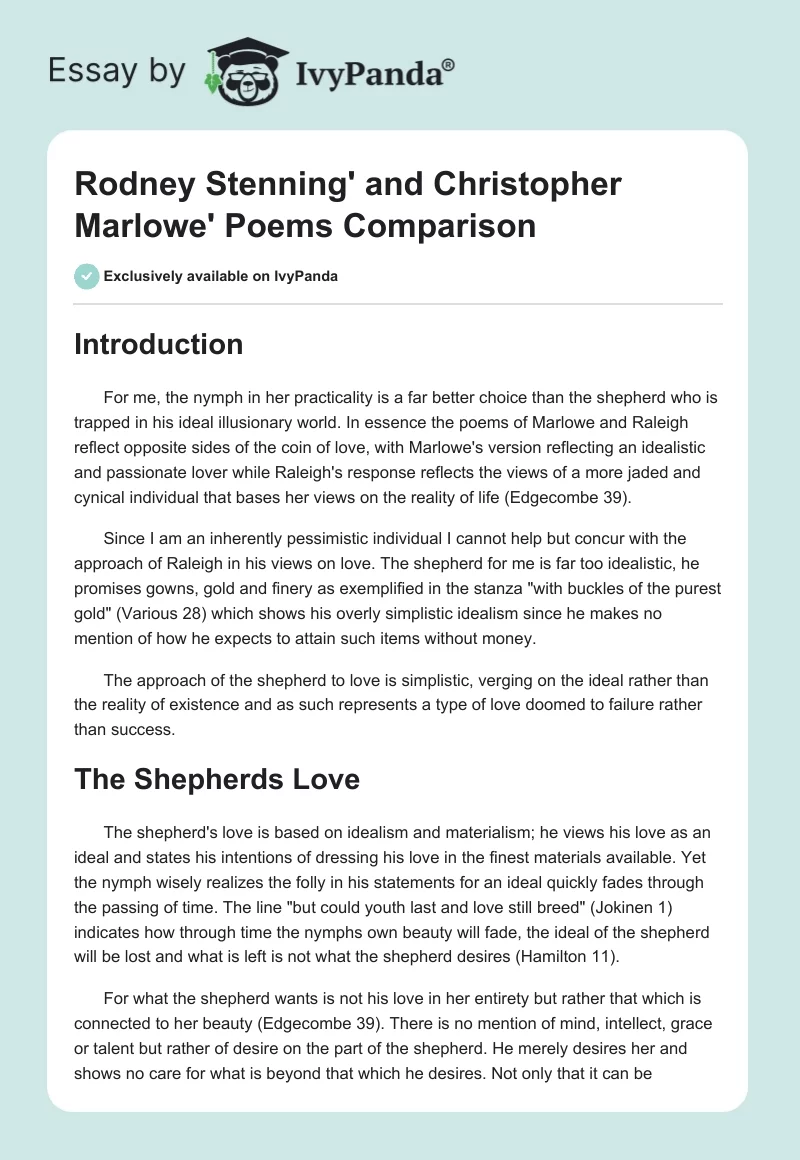 Rodney Stenning' and Christopher Marlowe' Poems Comparison. Page 1