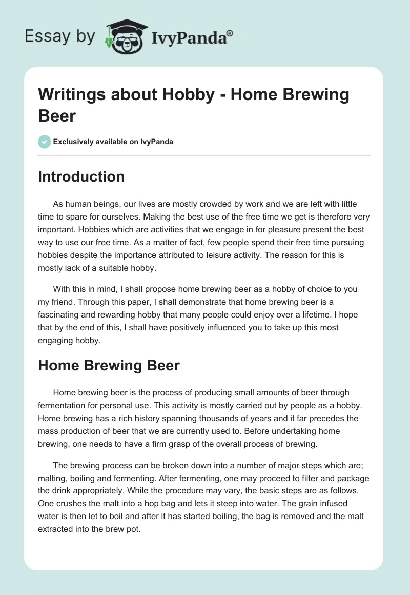 Writings About Hobby - Home Brewing Beer. Page 1