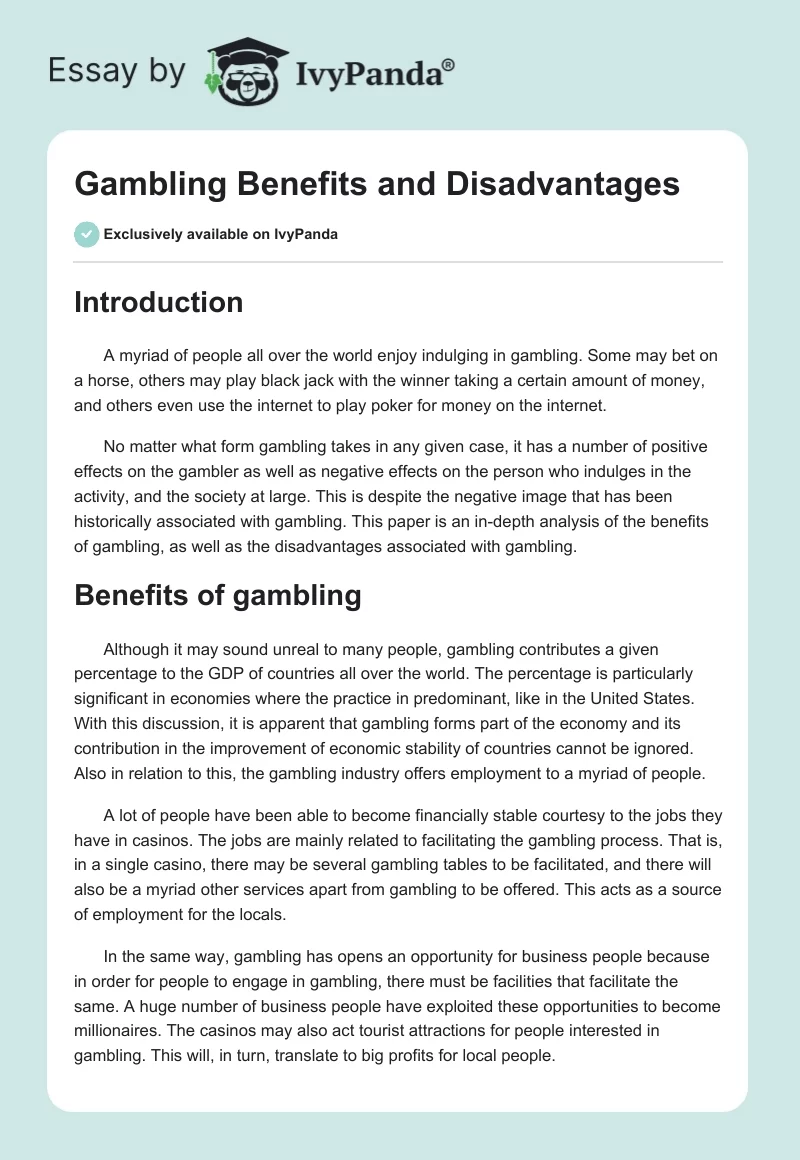Gambling Benefits and Disadvantages. Page 1