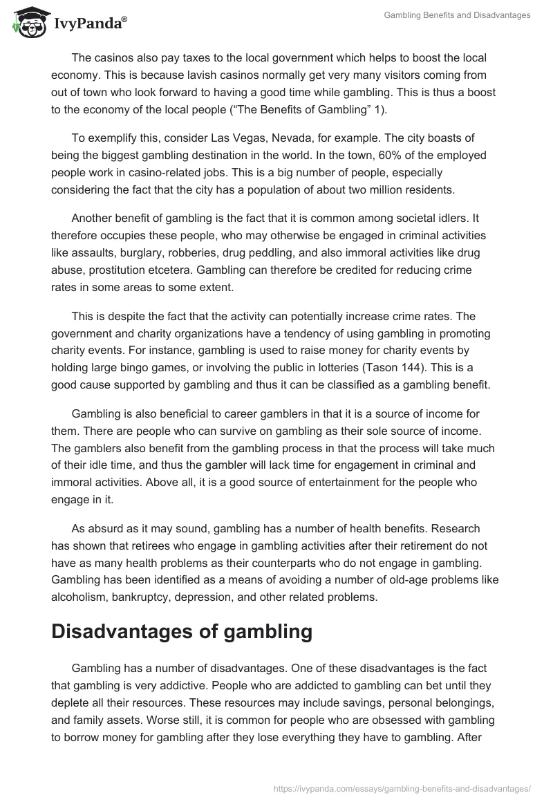 Gambling Benefits and Disadvantages. Page 2