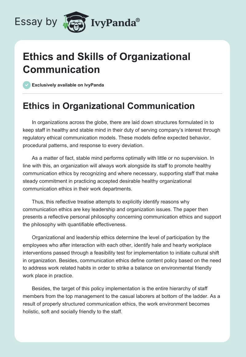 Ethics and Skills of Organizational Communication. Page 1