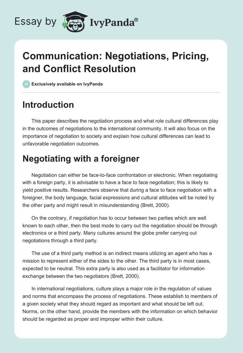 Communication: Negotiations, Pricing, and Conflict Resolution. Page 1