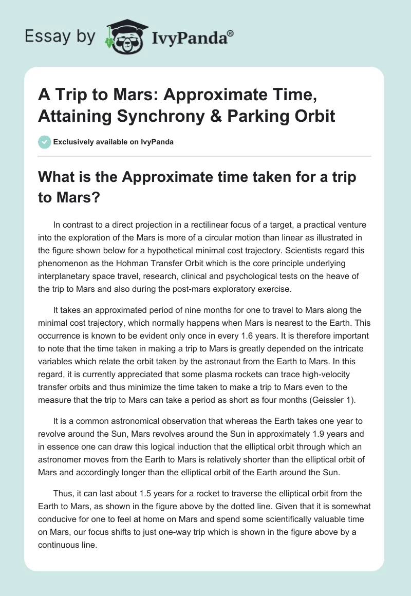 A Trip to Mars: Approximate Time, Attaining Synchrony & Parking Orbit. Page 1