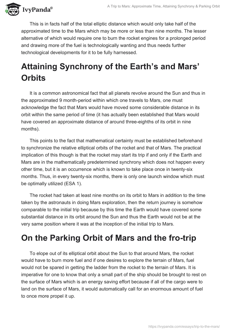 A Trip to Mars: Approximate Time, Attaining Synchrony & Parking Orbit. Page 2