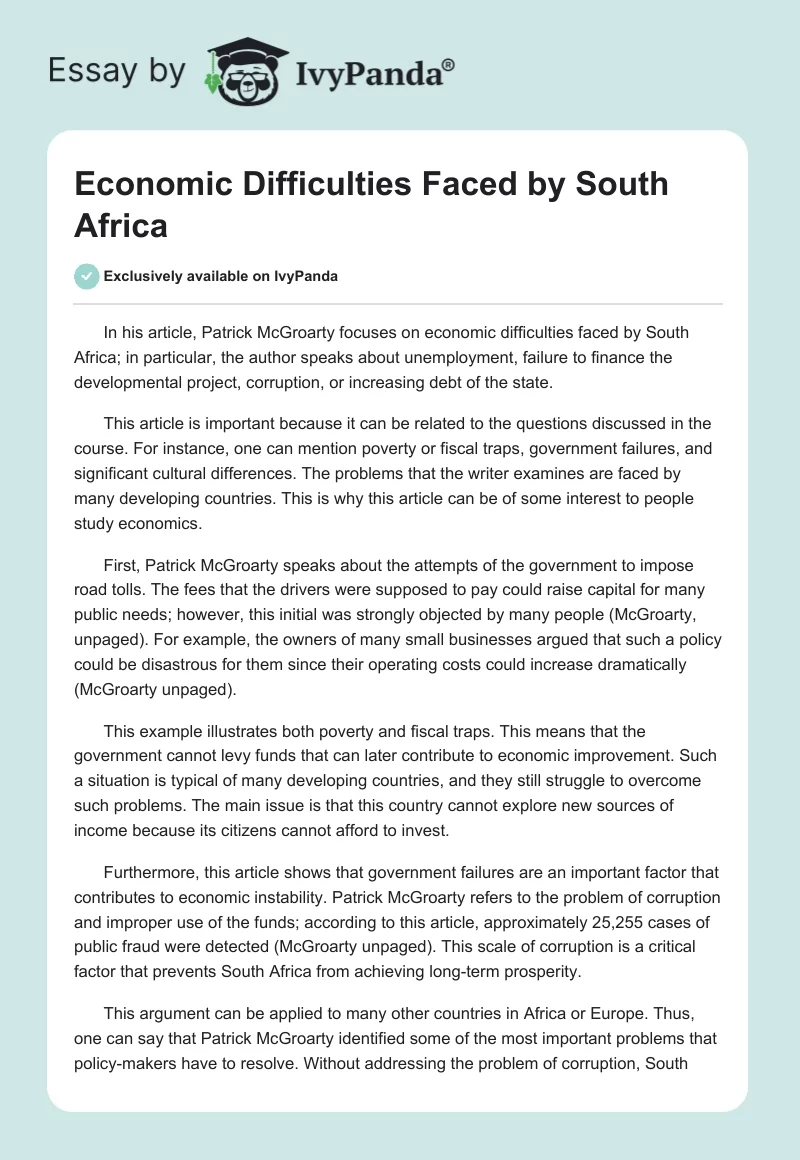 Economic Difficulties Faced by South Africa. Page 1
