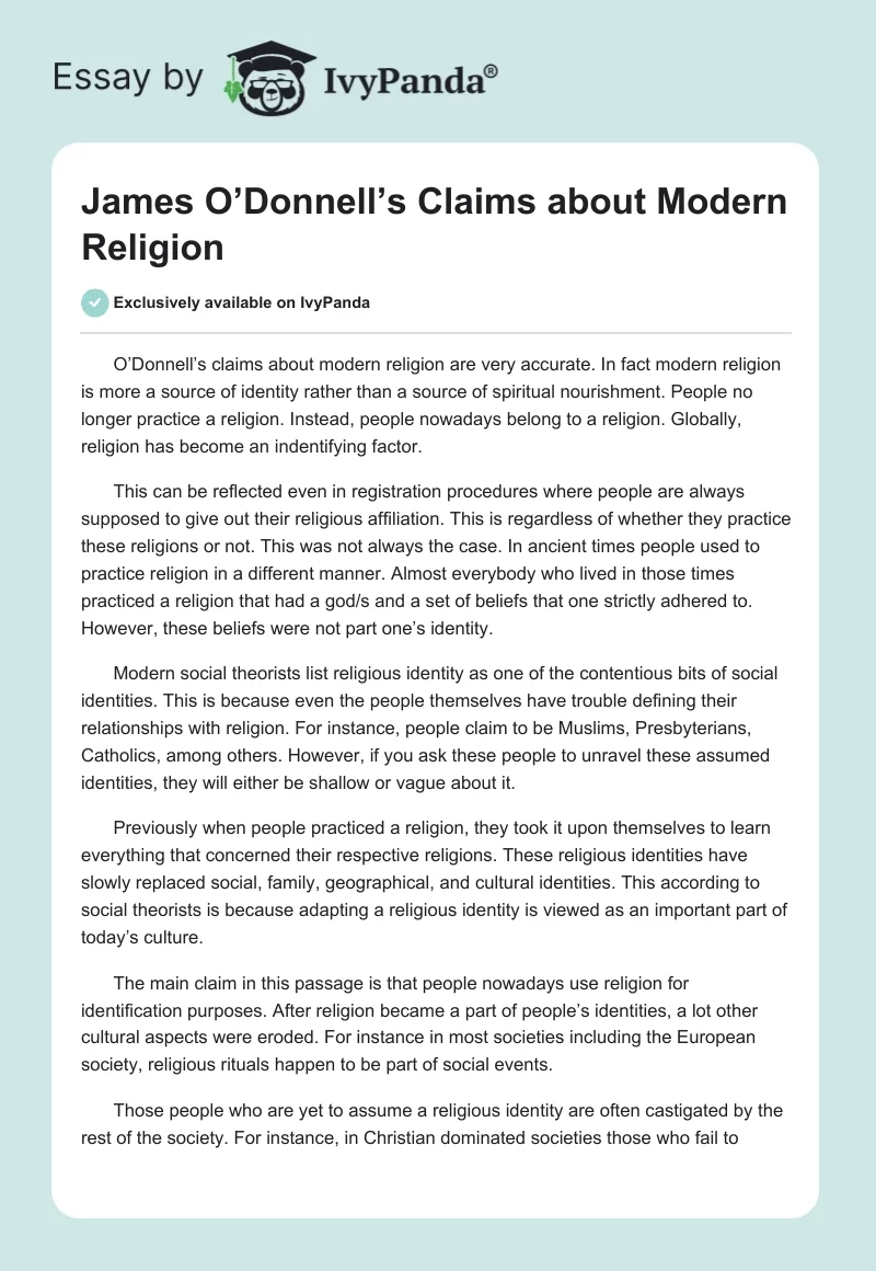 James O’Donnell’s Claims about Modern Religion. Page 1