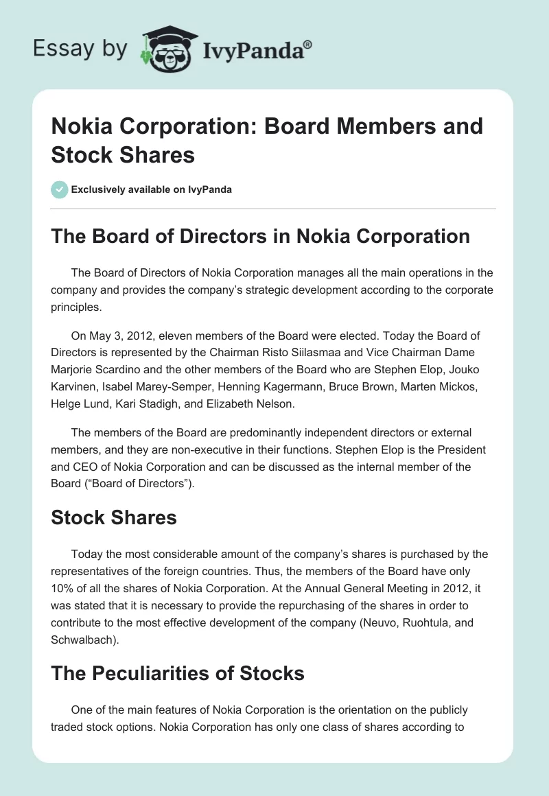 Nokia Corporation: Board Members and Stock Shares. Page 1