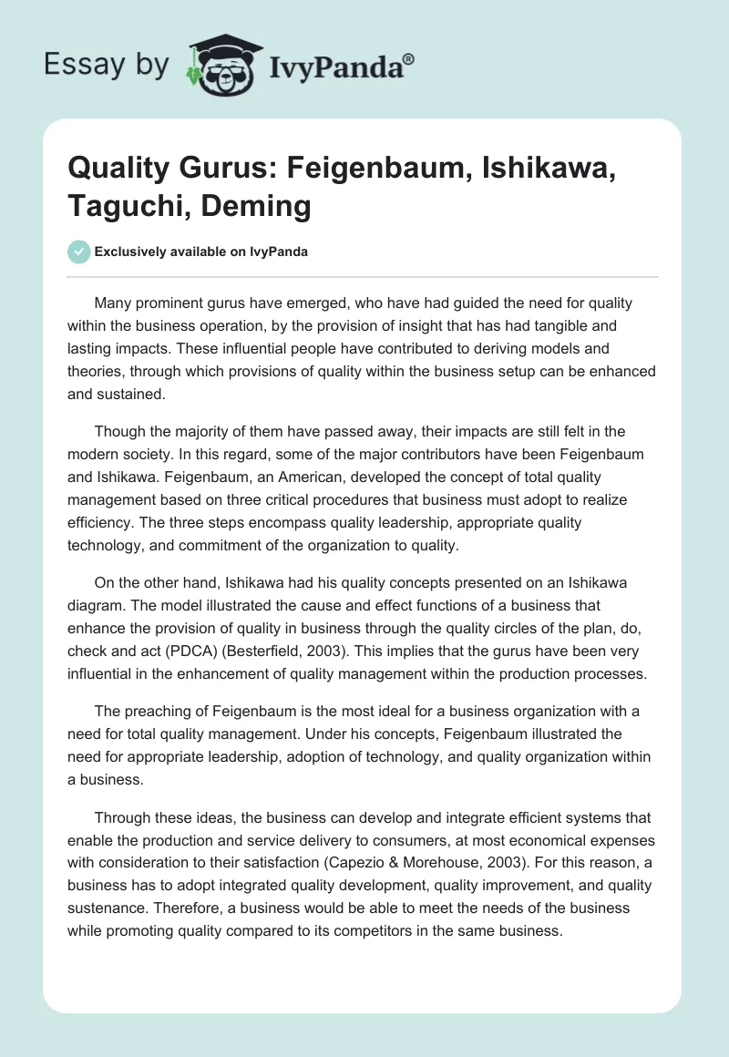 Quality Gurus: Feigenbaum, Ishikawa, Taguchi, Deming. Page 1