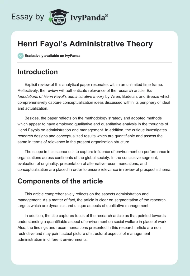 Henri Fayol’s Administrative Theory. Page 1