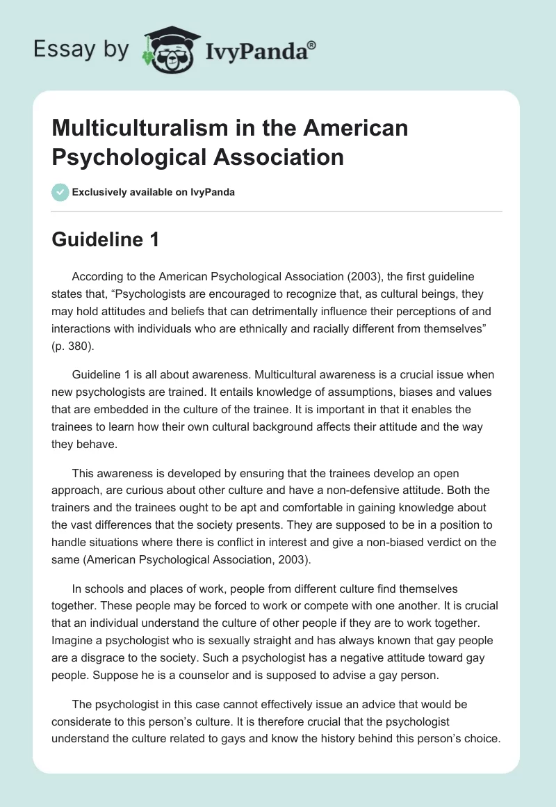Multiculturalism in the American Psychological Association. Page 1