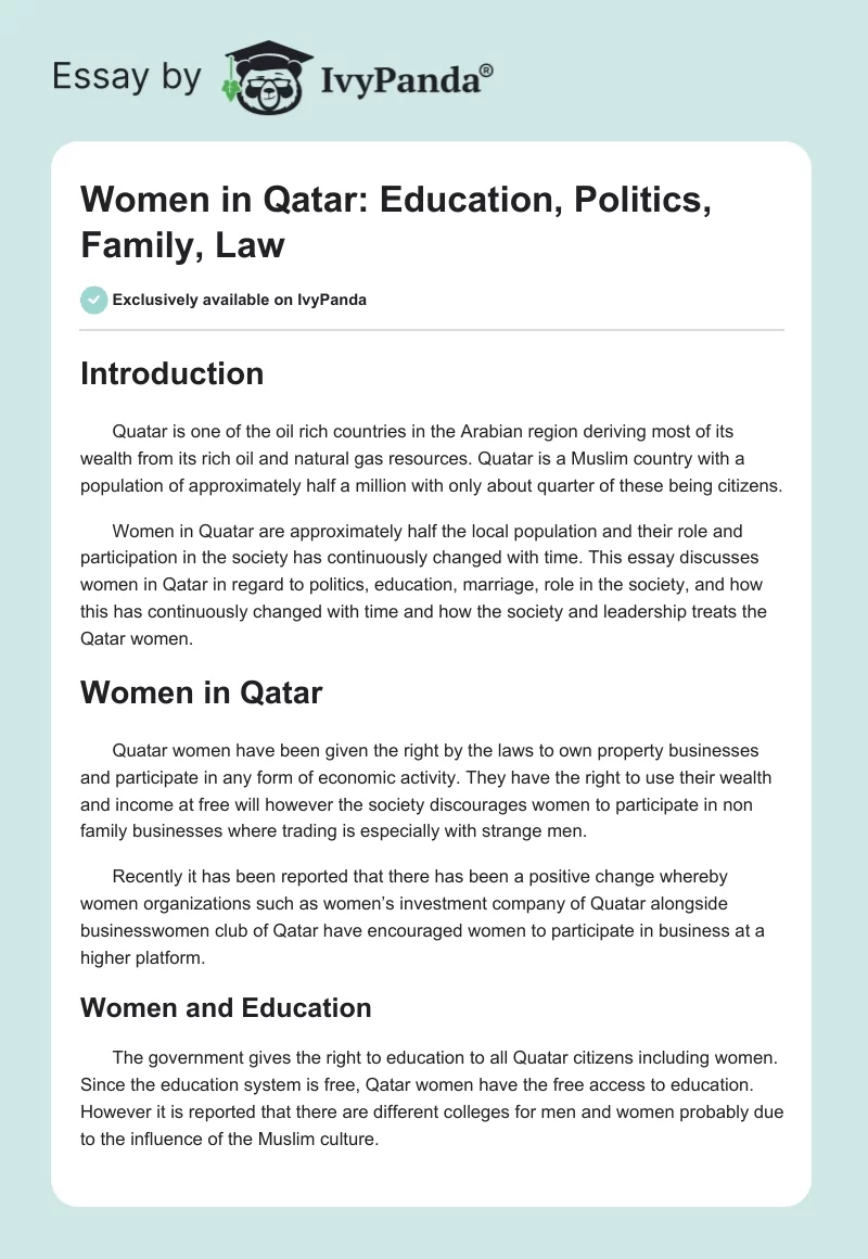 Women in Qatar: Education, Politics, Family, Law. Page 1