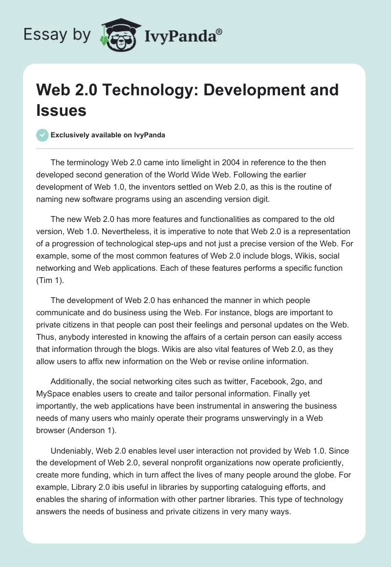 Web 2.0 Technology: Development and Issues. Page 1