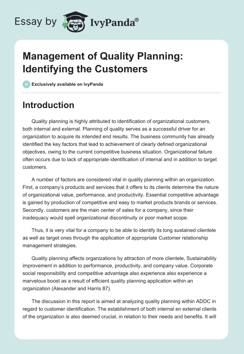 Management of Quality Planning: Identifying the Customers. Page 1