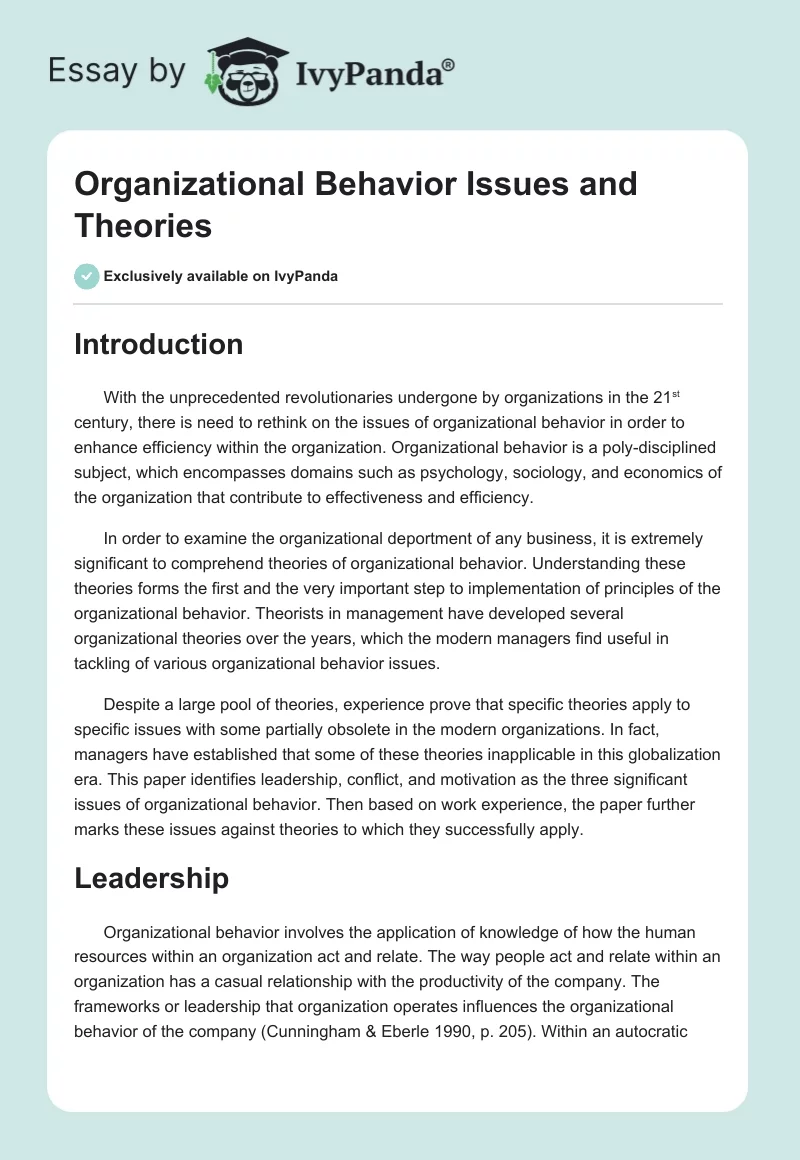 Organizational Behavior Issues and Theories. Page 1