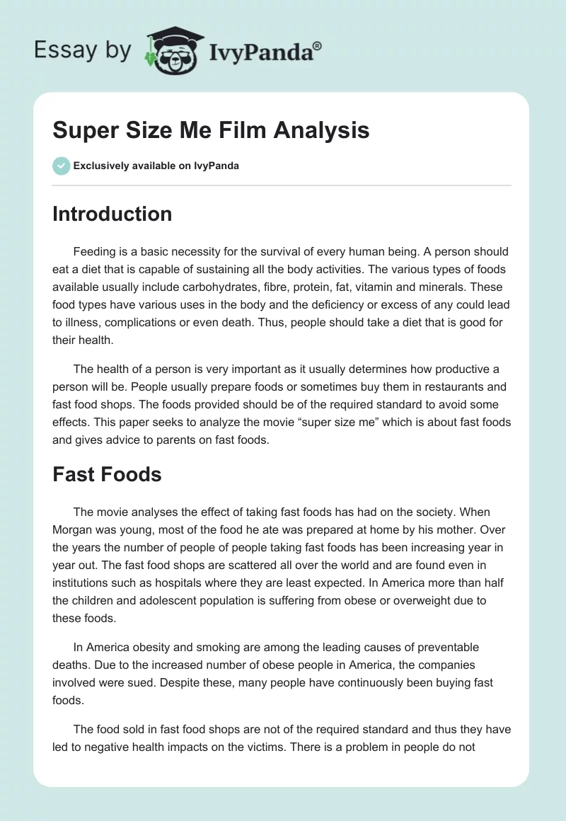Super Size Me Film Analysis. Page 1