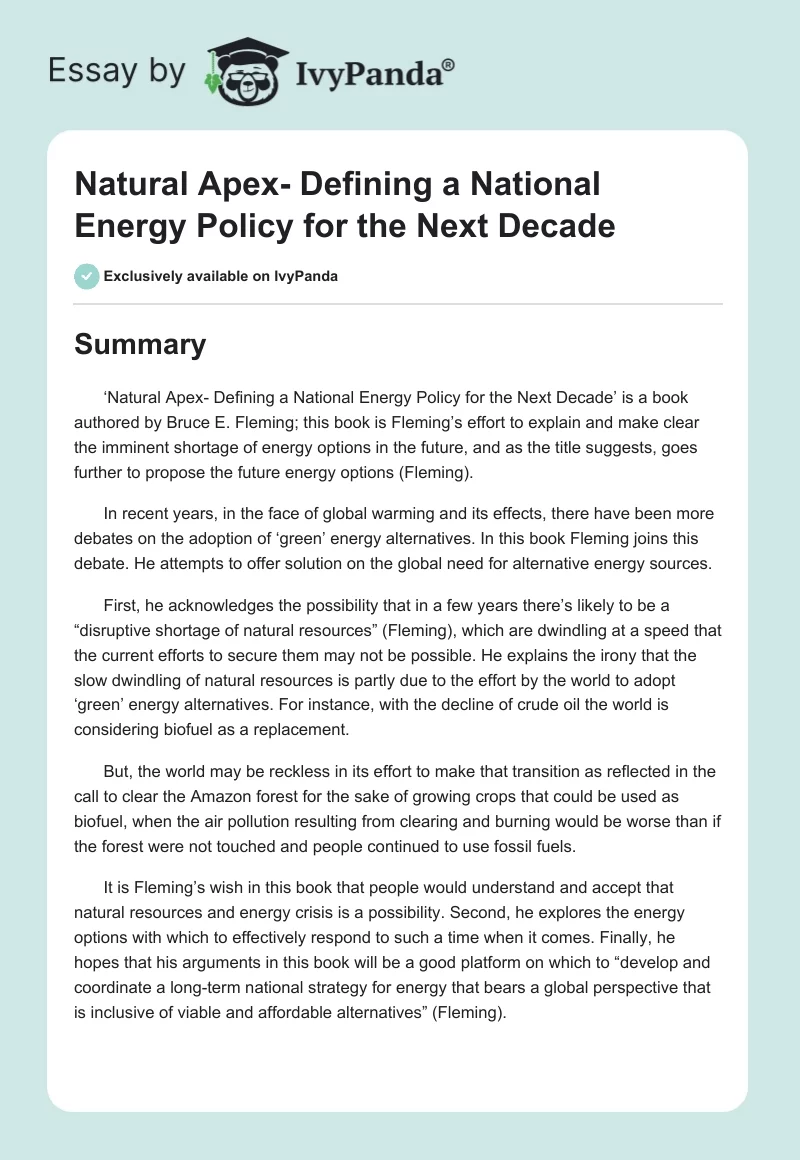 Natural Apex- Defining a National Energy Policy for the Next Decade. Page 1
