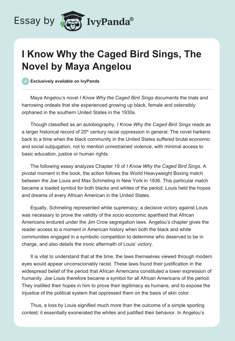 I Know Why the Caged Bird Sings, the Novel by Maya Angelou. Page 1