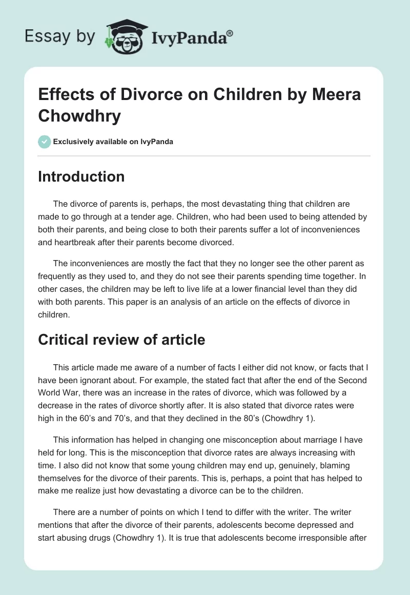 "Effects of Divorce on Children" by Meera Chowdhry. Page 1