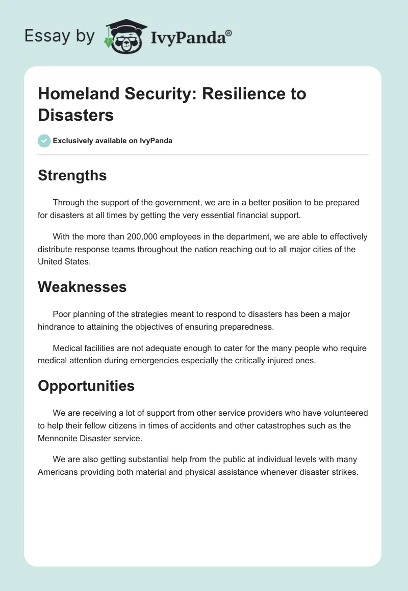 Homeland Security: Resilience to Disasters. Page 1