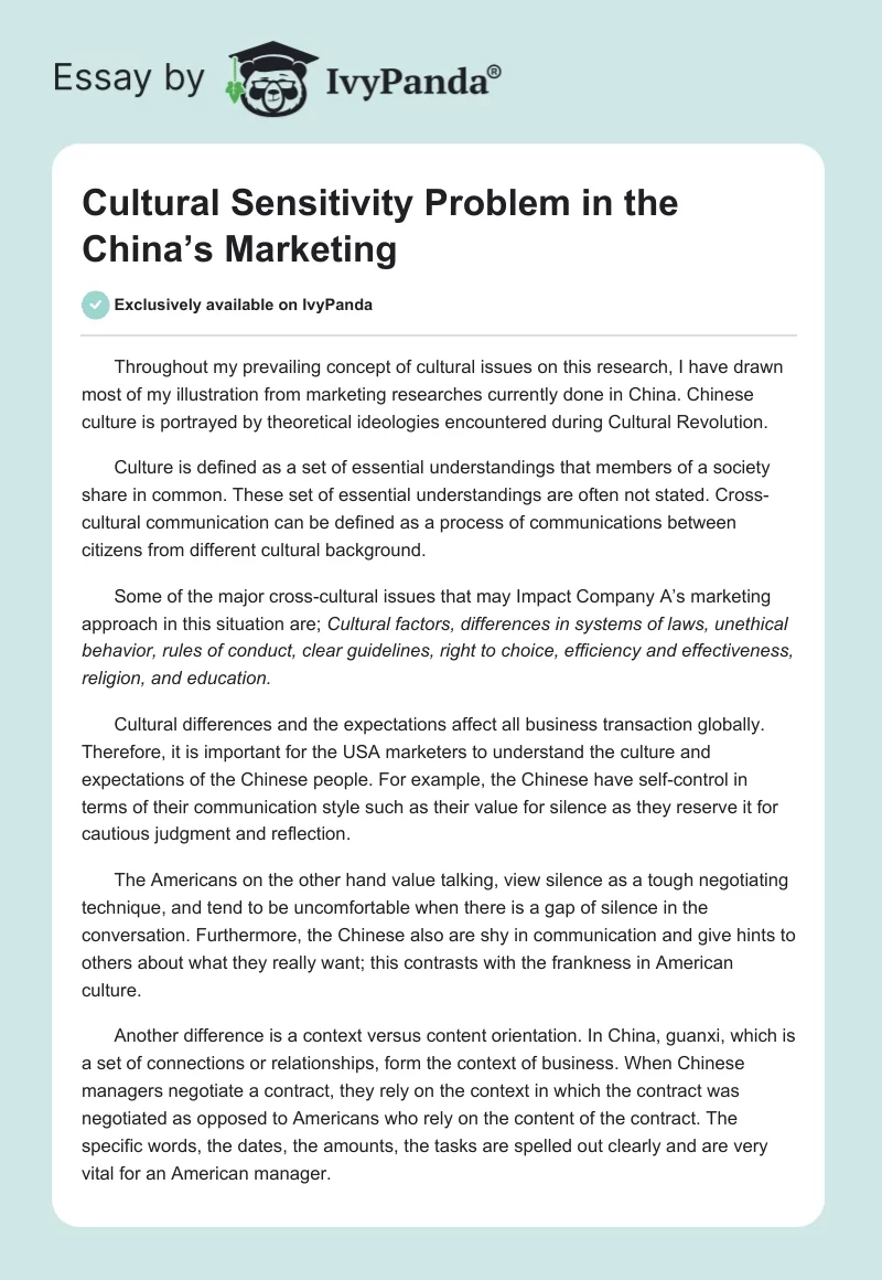 Cultural Sensitivity Problem in the China’s Marketing. Page 1