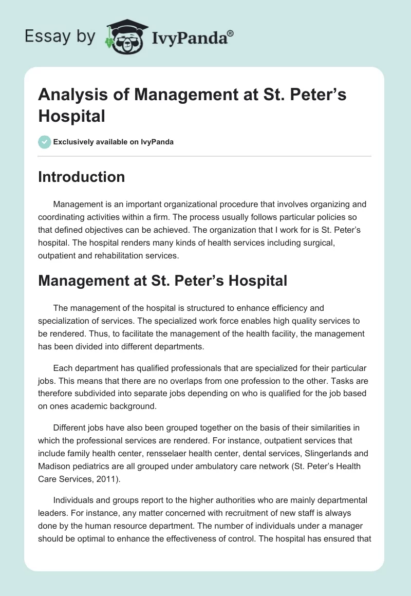 Analysis of Management at St. Peter’s Hospital. Page 1