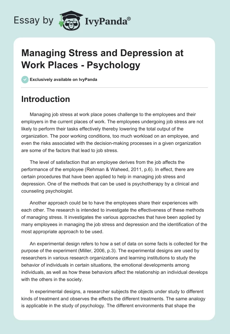 Managing Stress and Depression at Work Places - Psychology. Page 1