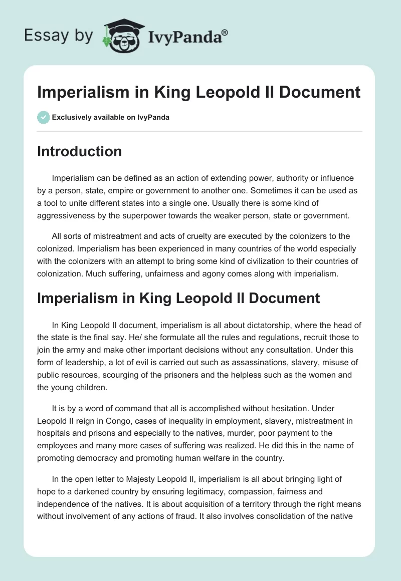 Imperialism in King Leopold II Document. Page 1