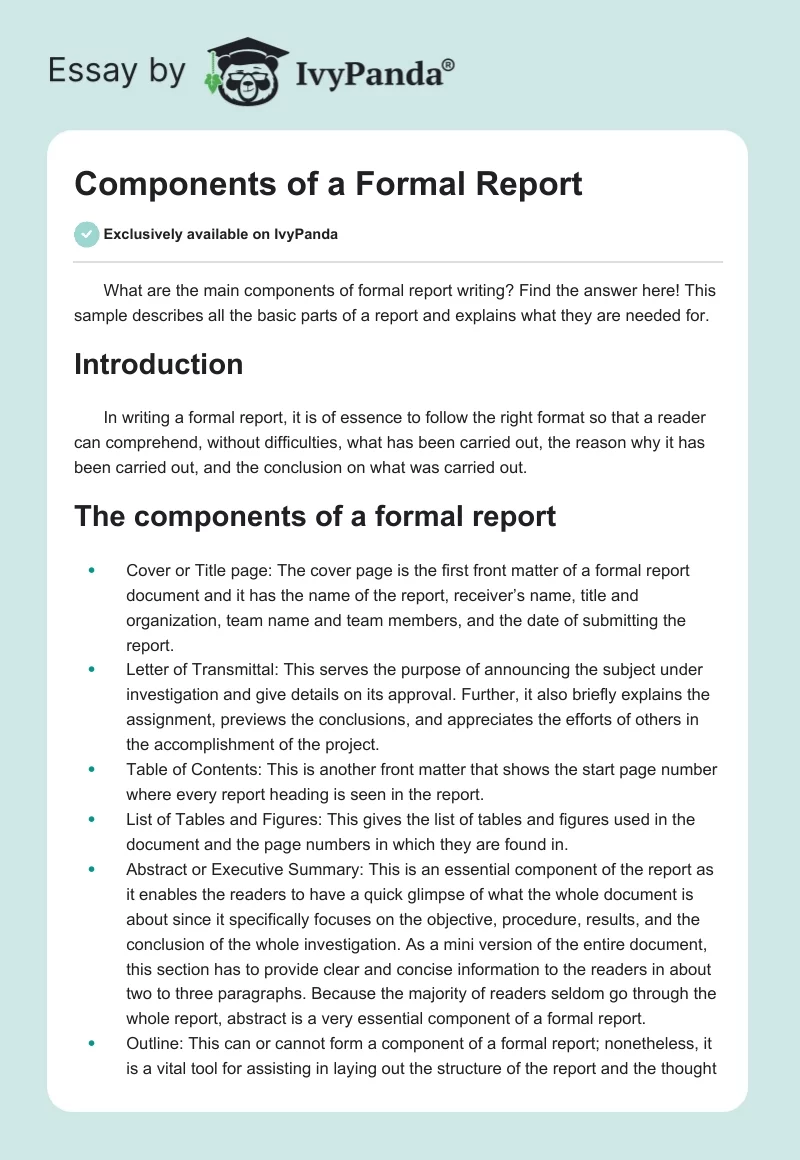 Components of a Formal Report. Page 1