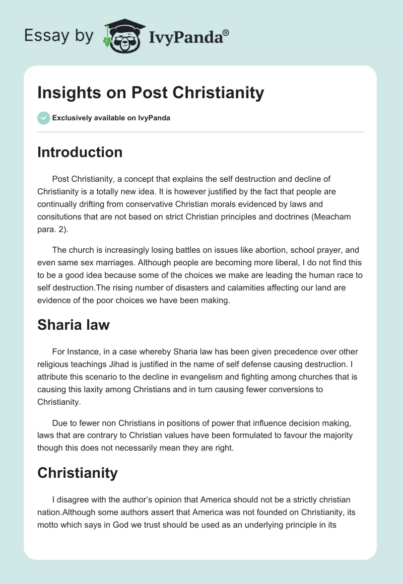 Insights on Post Christianity. Page 1