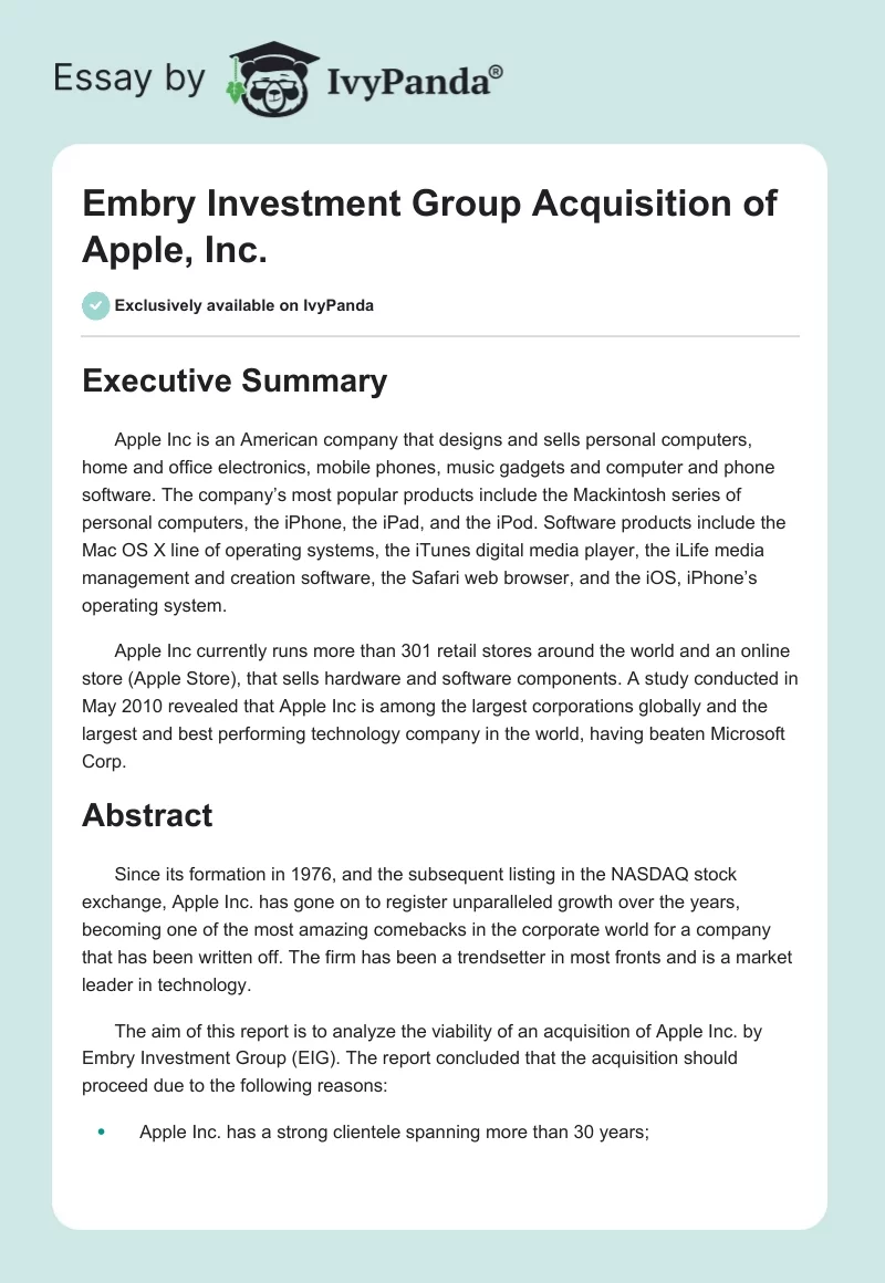 Embry Investment Group Acquisition of Apple, Inc.. Page 1