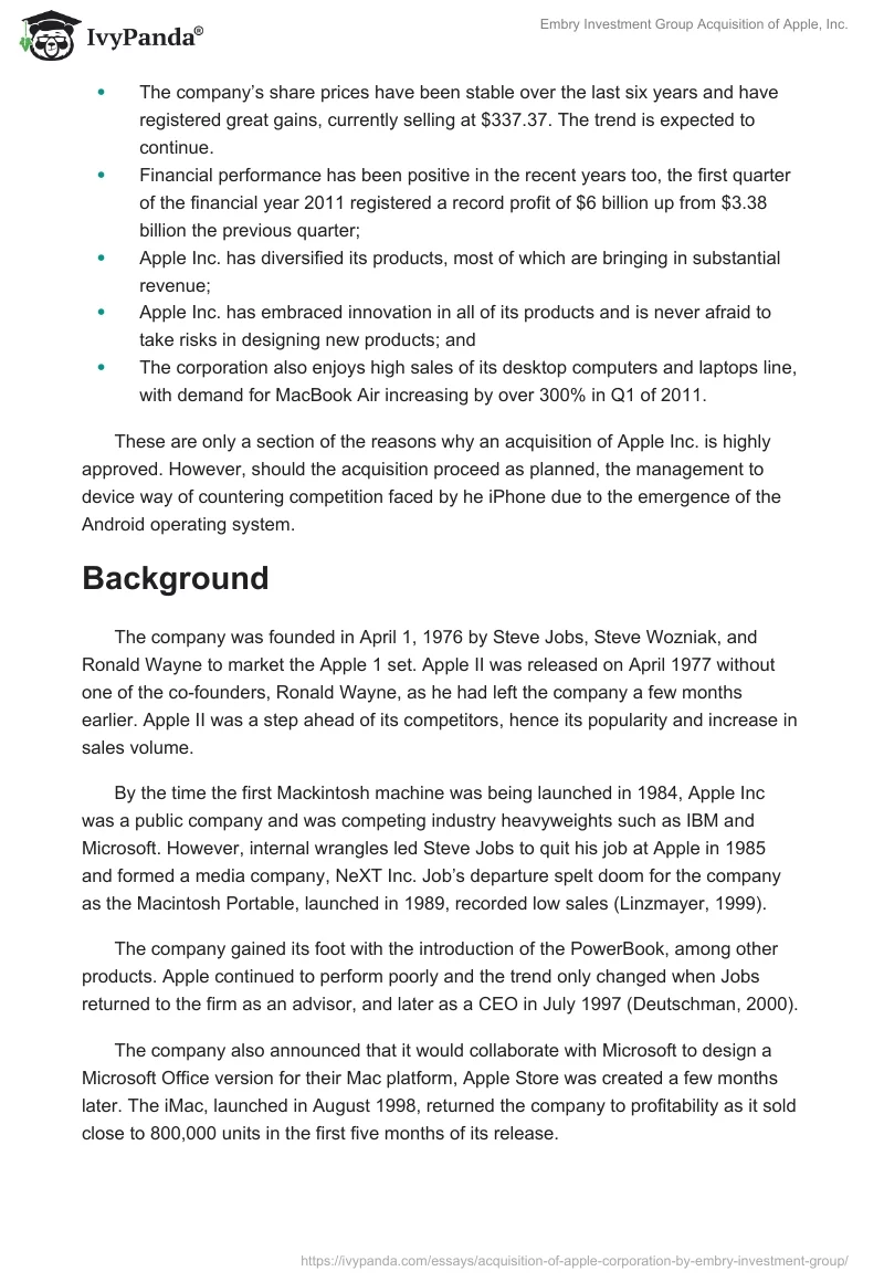 Embry Investment Group Acquisition of Apple, Inc.. Page 2