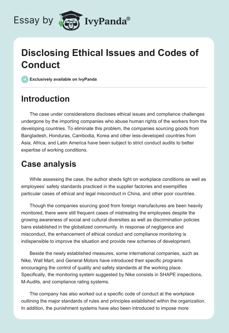 Disclosing Ethical Issues and Codes of Conduct. Page 1