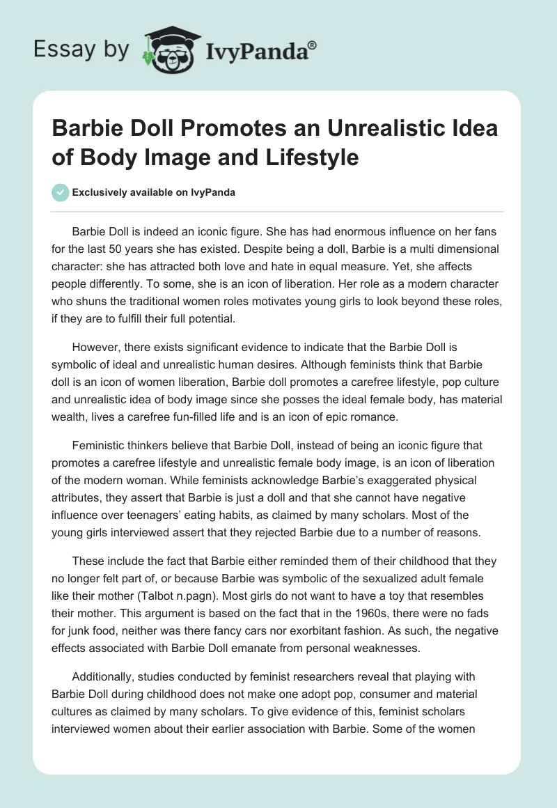 Barbie Doll Promotes an Unrealistic Idea of Body Image and Lifestyle. Page 1