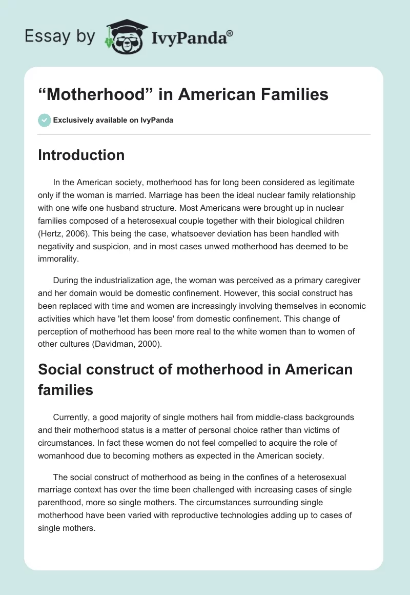 “Motherhood” in American Families. Page 1