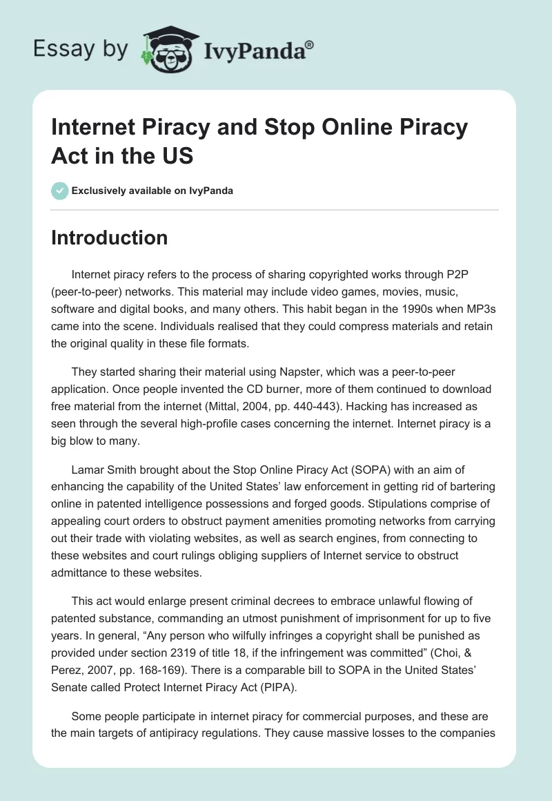 Internet Piracy and Stop Online Piracy Act in the US. Page 1