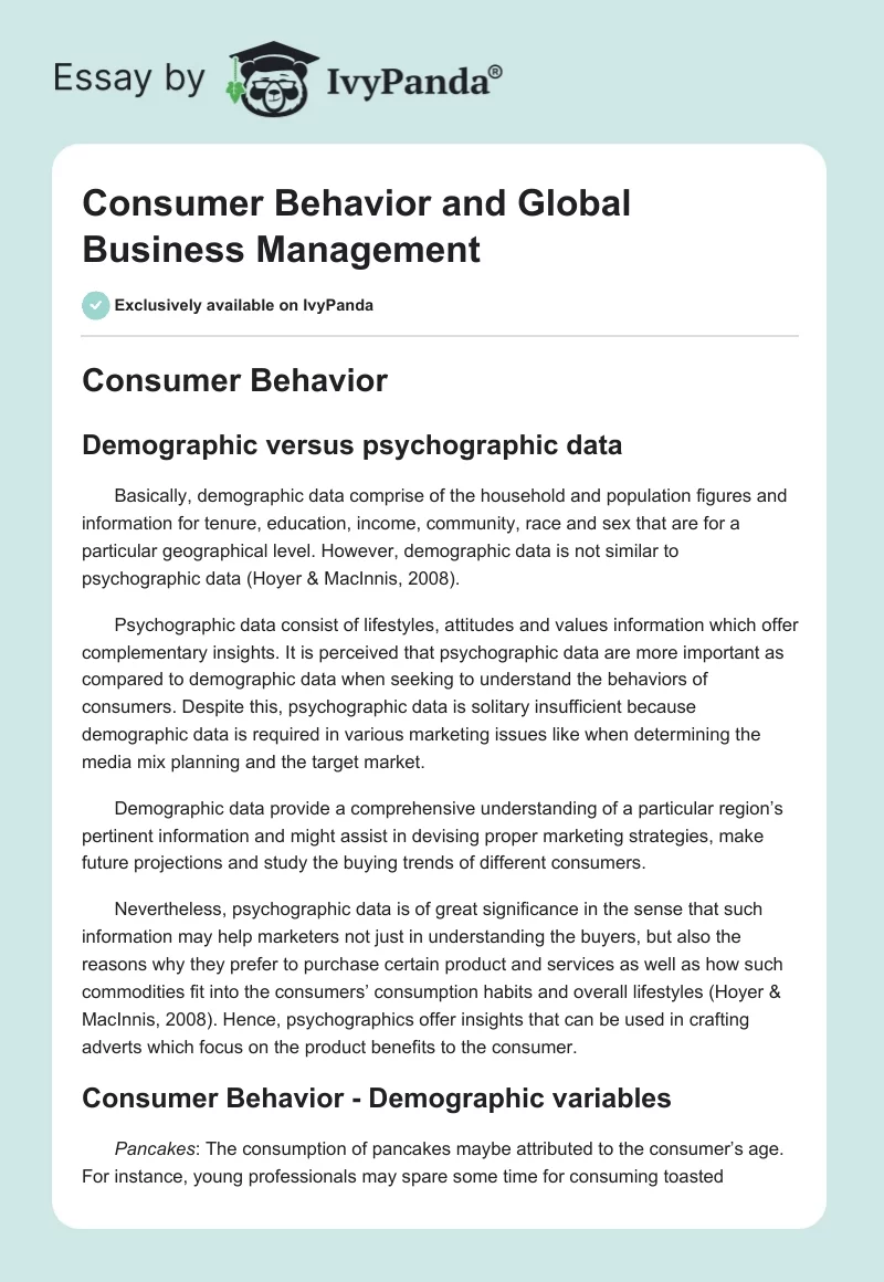 Consumer Behavior and Global Business Management. Page 1