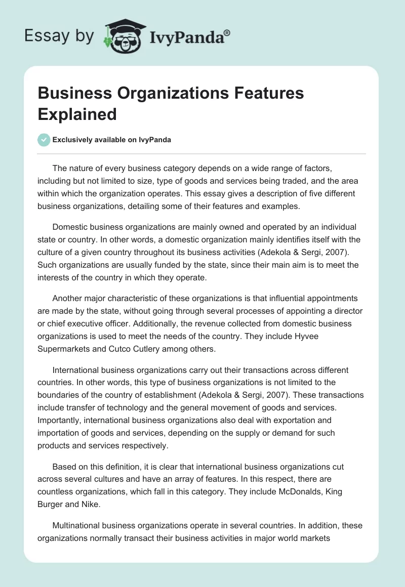 Business Organizations Features Explained. Page 1