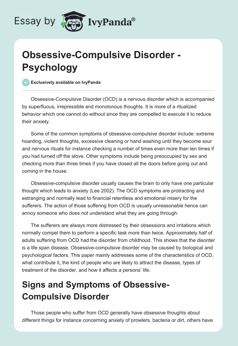 Obsessive-Compulsive Disorder - Psychology. Page 1