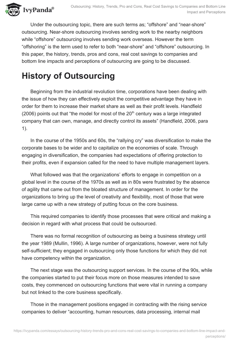 Outsourcing: History, Trends, Pro and Cons, Real Cost Savings to Companies and Bottom Line Impact and Perceptions. Page 2