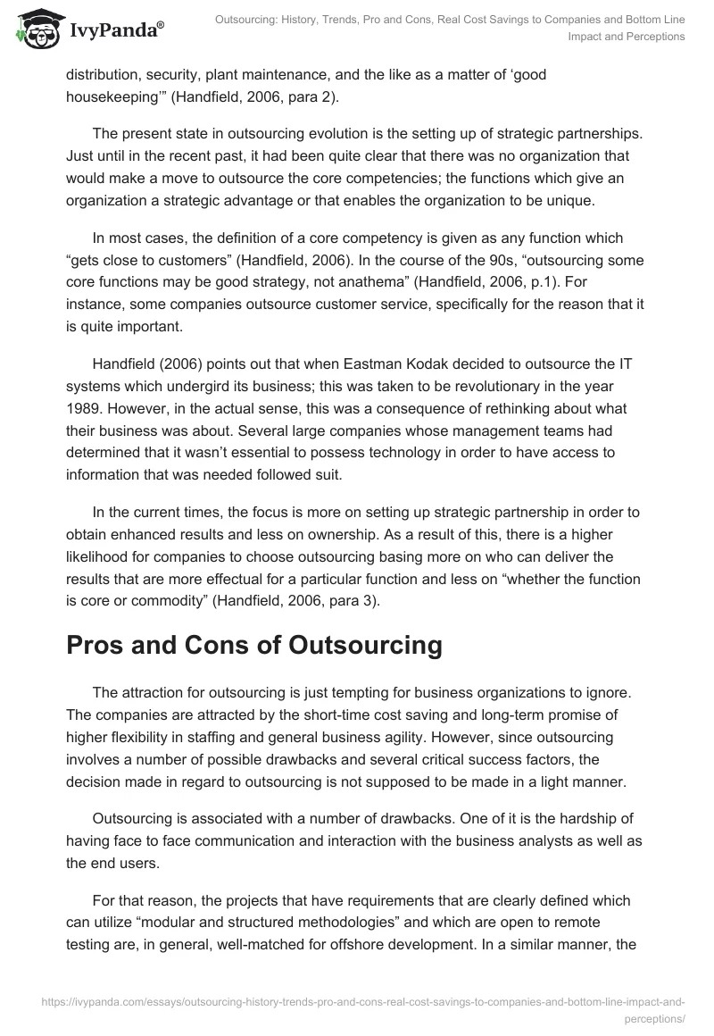 Outsourcing: History, Trends, Pro and Cons, Real Cost Savings to Companies and Bottom Line Impact and Perceptions. Page 3