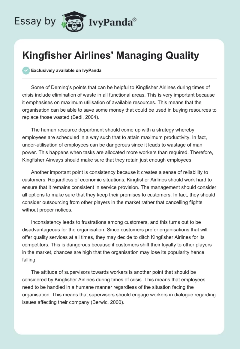 Kingfisher Airlines' Managing Quality. Page 1