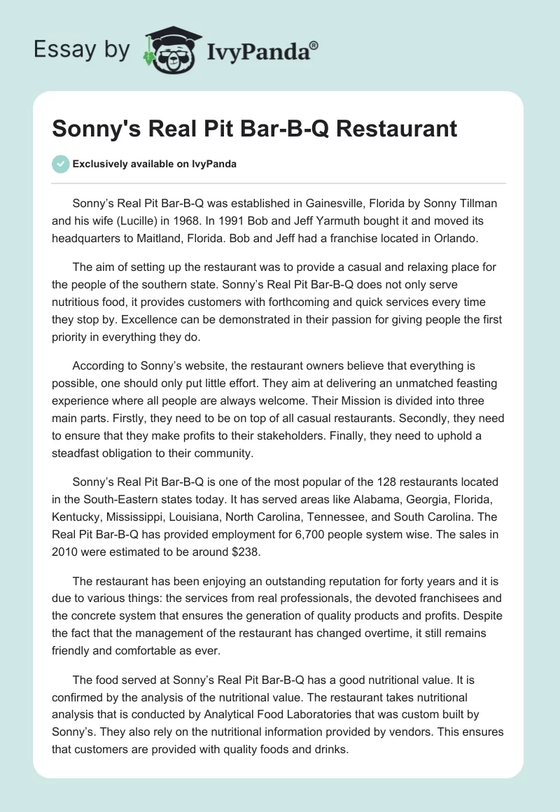 Sonny's Real Pit Bar-B-Q Restaurant. Page 1