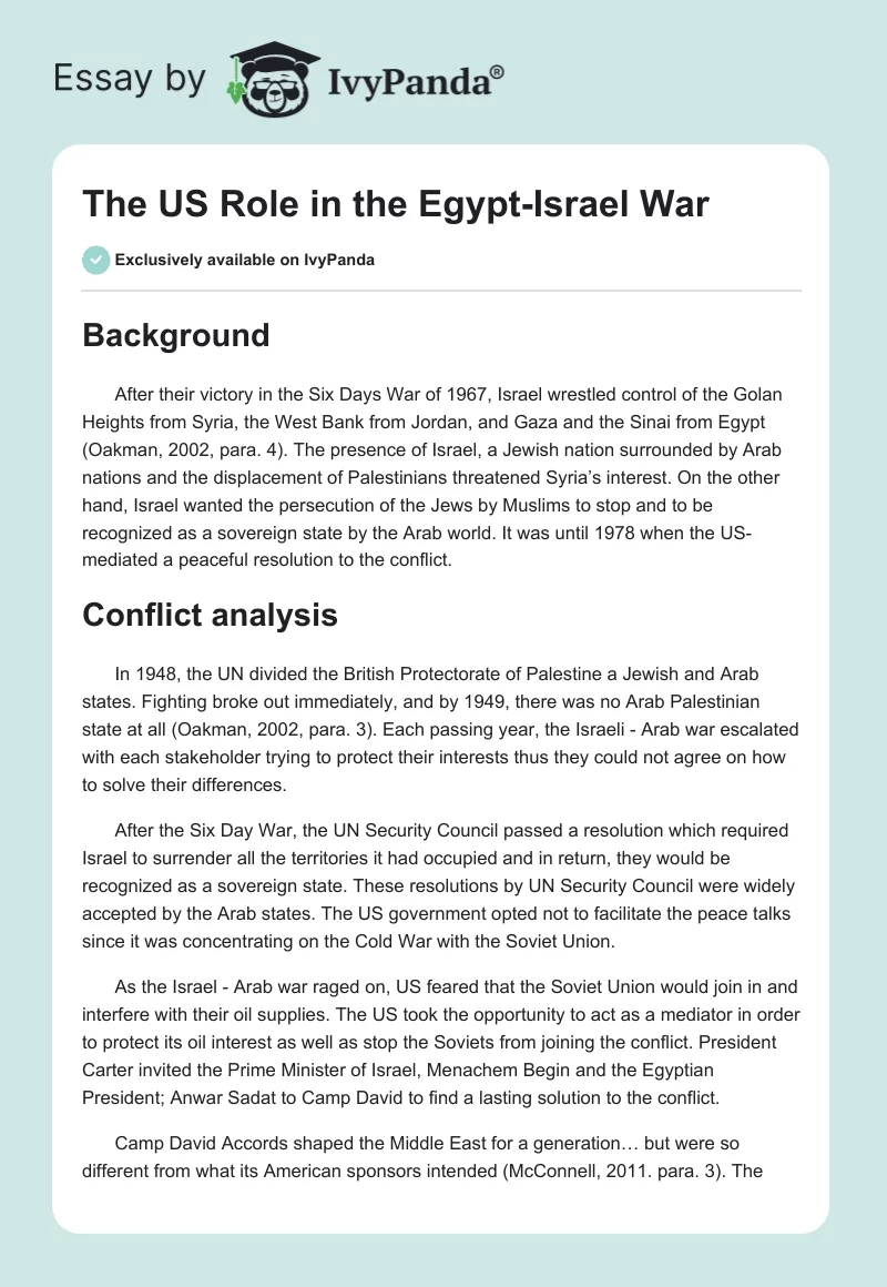 The US Role in the Egypt-Israel War. Page 1