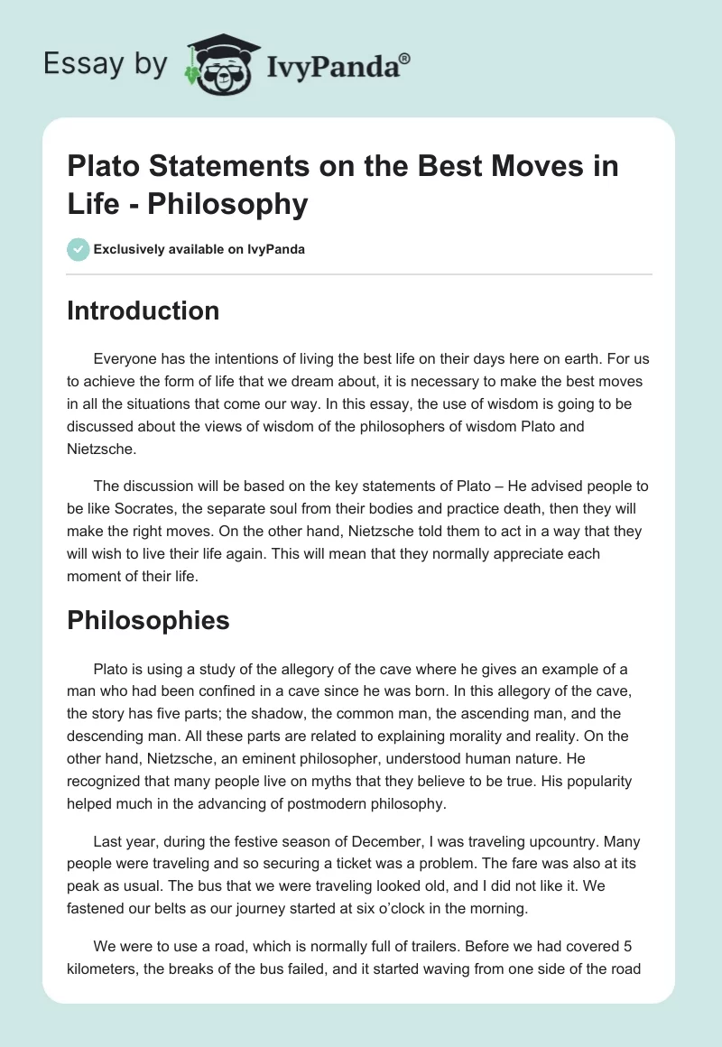 Plato Statements on the Best Moves in Life - Philosophy. Page 1