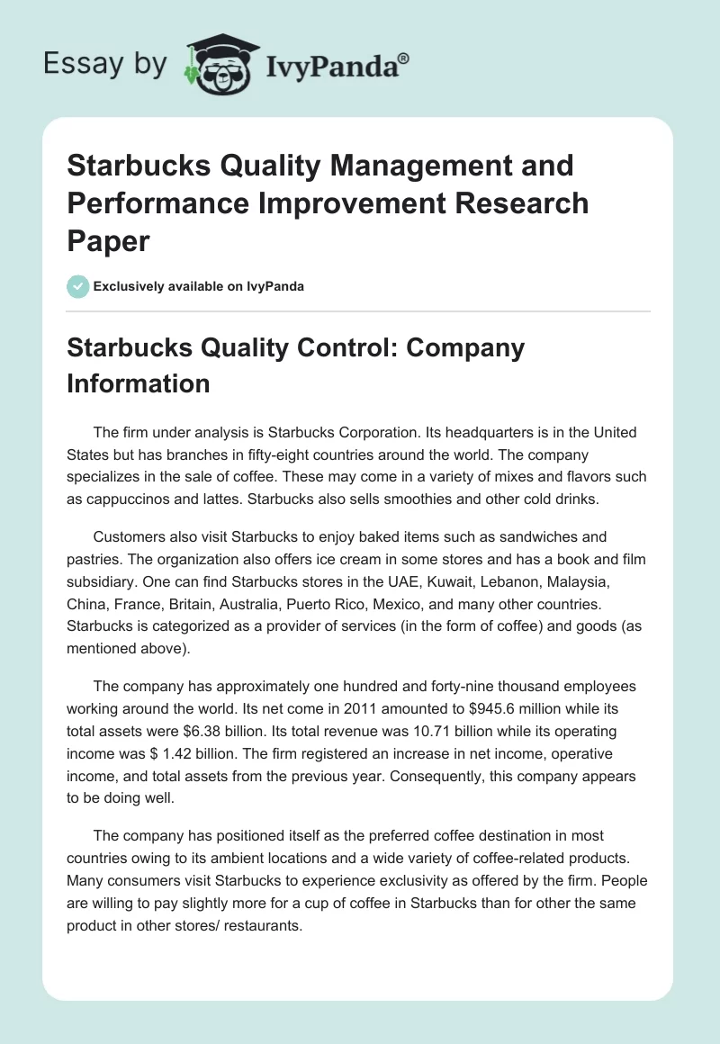 Starbucks Quality Management and Performance Improvement. Page 1
