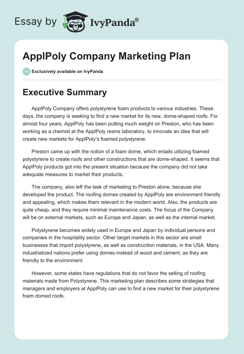 ApplPoly Company Marketing Plan. Page 1