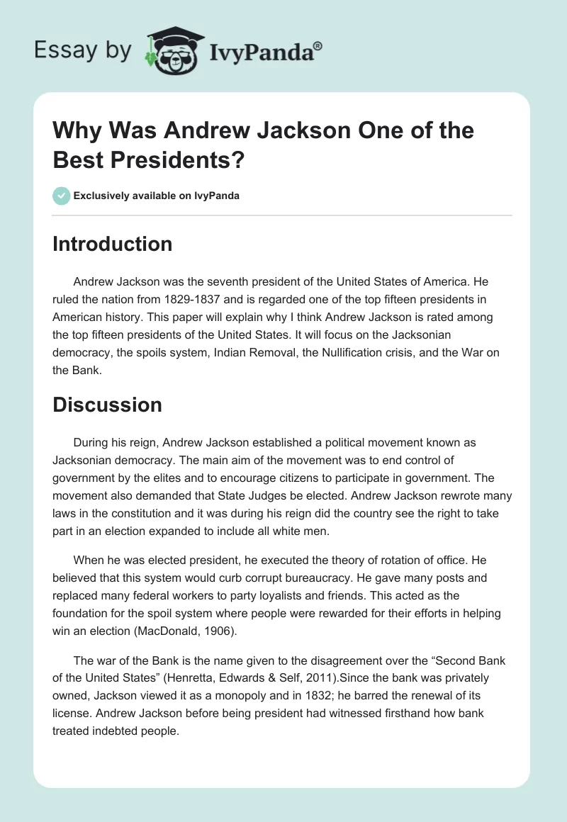 Why Was Andrew Jackson One of the Best Presidents?. Page 1