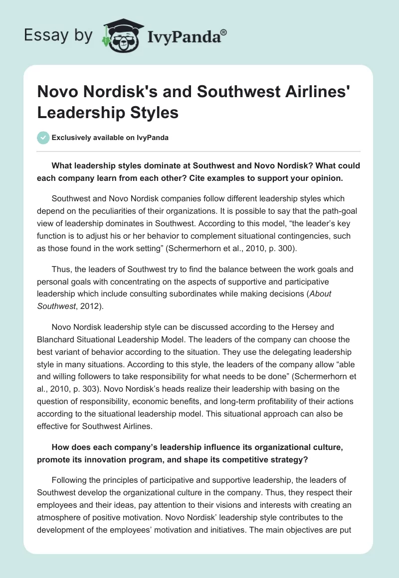 Novo Nordisk's and Southwest Airlines' Leadership Styles. Page 1